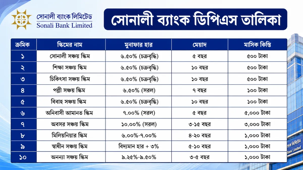 সোনালী ব্যাংক ডিপিএস তালিকা: একটি টেবিলে বিভিন্ন স্কিমের মেয়াদ ও কিস্তির পরিমাণ
